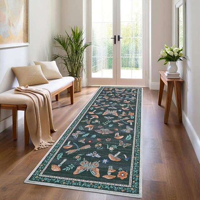 2.5x8 Runner Rug for Hallway Washable Kitchen Rugs Non Slip with Rubber Back Mushroom Soft Low-Pile Stain Resistant Foldable Indoor Carpet for Entryway Laundry Room Floor Mats Black