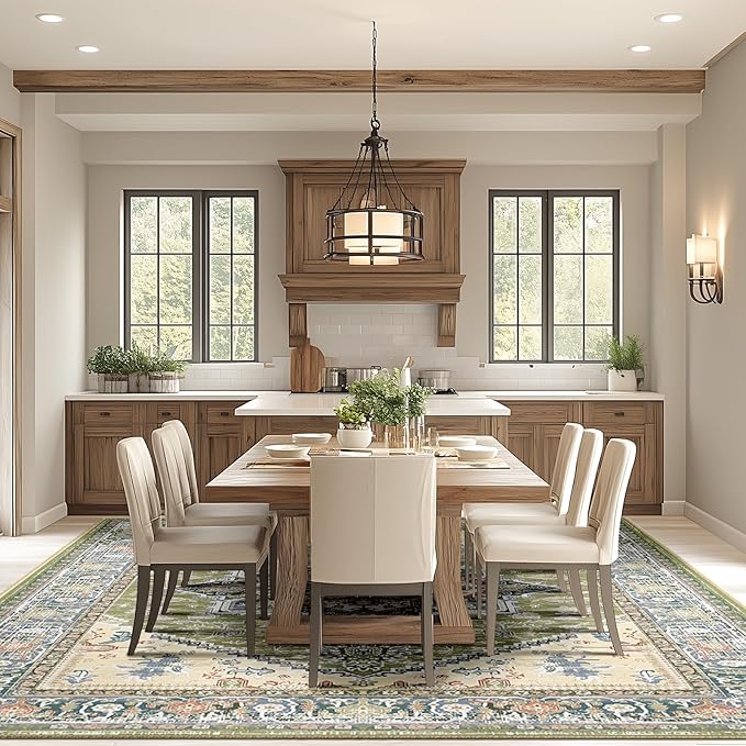 BESTSWEETIE 9x12 Area Rugs for Living Room Washable Non Slip Carpet Low Pile Soft Vintage Print Pattern Rug for Bedroom Dining Room Kitchen Entryway Indoor-Green/Light tan/Blue/Grey