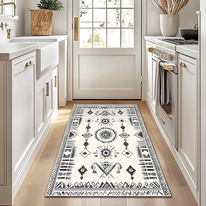 3x5 Area Rug Machine Washable Entryway Rugs Western Tribal Southwestern Black White Rug Non-Slip Low Pile Door Mat Entrance Small Carpet for Home Kitchen Bathroom Bedroom