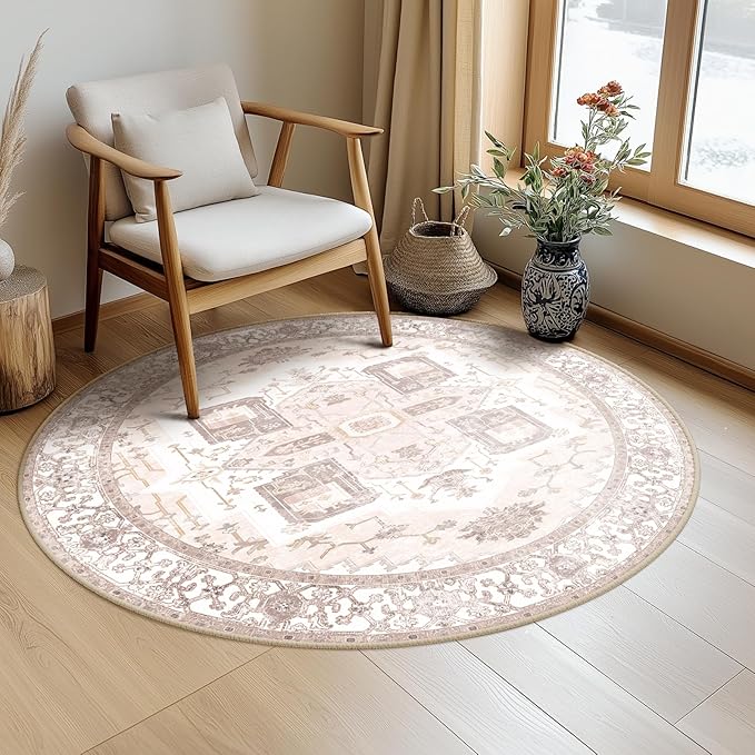Washable 6ft Area Rugs, Rugs for Living Room, Low-Pile Water&Stain Resistant Carpet Vintage Distressed Printed Non-Slip Carpet for Bedroom Bathroom Kitchen-Pink
