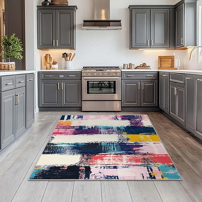 4x6 Rug Abstract Colorful Area Rug Bedroom Ultra-Thin Soft Low Pile Large Carpet Living Room Non Slip Dining Room Office Stain Resistant Washable Machine