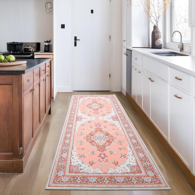 Tepook 2x6 Vintage Runner Rug - Low Pile Washable Non-Slip Carpet for Hallway, Kitchen, Bedroom, Entryway, Laundry Room, Bathroom - Indoor Throw Rug in Red