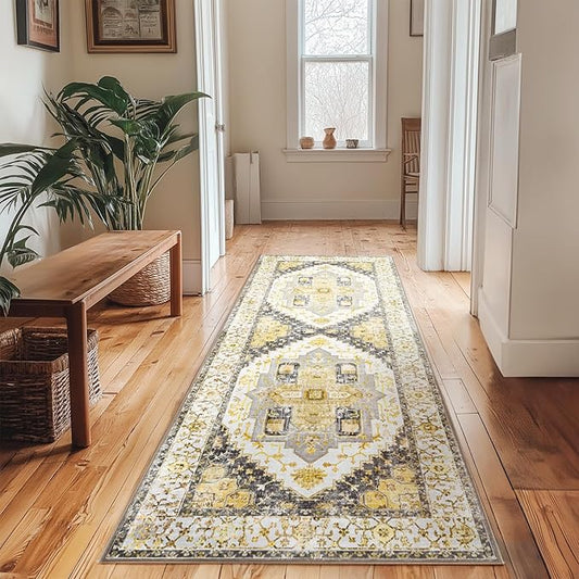 Washable 2x6 Area Rugs, Rugs for Living Room, Low-Pile Water&Stain Resistant Carpet Vintage Distressed Printed Non-Slip Carpet for Bedroom Bathroom Kitchen-Grey/Yellow