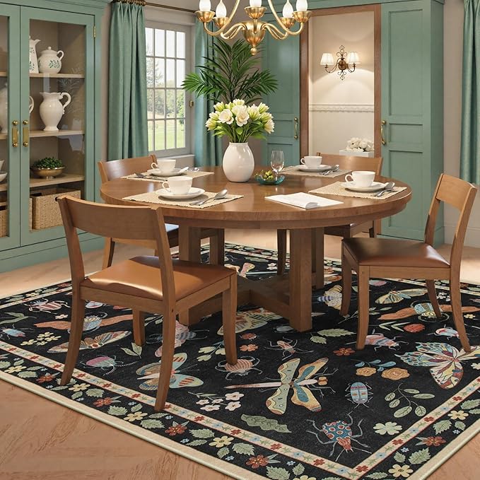 Beeiva Insect Print Rug 6x9, Machine Washable Area Rugs for Living Room, Boho Non Slip Low Pile Ultra Thin Foldable Large Carpet for Office, Bedroom, Playroom, Dining Room - Black