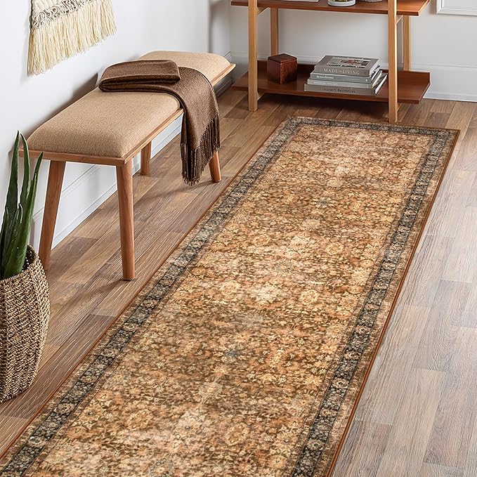 Morebes Vintage Carpet Runners for Hallway 8ft, Floral Kitchen Runner Rugs Non Skid Washable, Super Soft Indoor Throw Carpet for Entryway Entrance Laundry Room Bedroom, Dark Brown