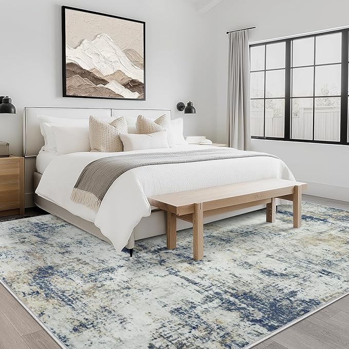 10x14 Area Rugs Living Room Rugs: Large Washable Rug with Anti-Slip Backing Non-Shedding Stain-Resistant Soft Abstract Carpet for Bedroom Dining Room Nursery Home Office Blue Brown