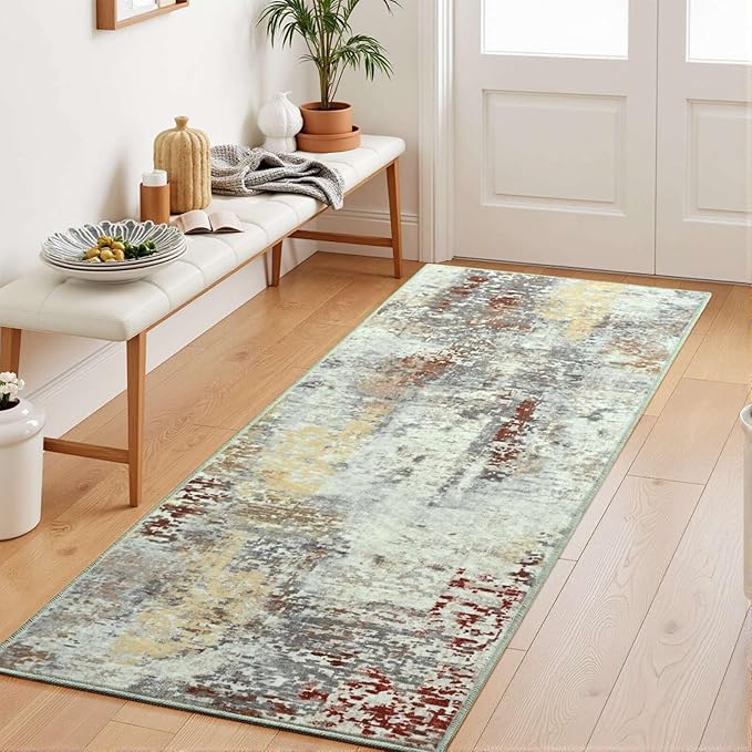 Washable Runner Rug for Bedroom, Abstract Non-Slip Soft Entryway Rugs, Tan Modern Low Pile Stain Resistant 2x6 Carpet for Entryway, Kitchen, Hallway, Bedside