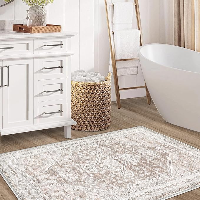 Zomfy Area Rug Vintage 2x3 Entryway Rugs: Small Washable Indoor Rug Traditional Oriental Medallion Rug for Bedroom Dining Table Kitchen Hallway(Beige, 2'x3')