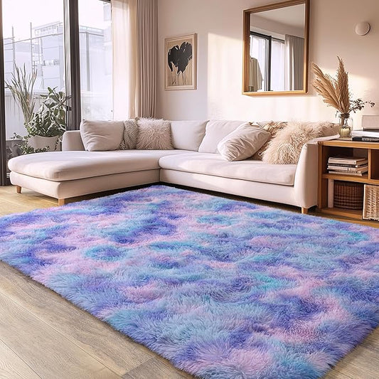 Purple Rainbow Fluffy Rug for Bedroom 6x9 ft - Ultra Soft & Non Slip Shaggy Area Rug, Comfy Durable Carpet for Living Room Kids Room Teens Dorm Home Decor, 1.7'' Thick Indoor Plush Carpets