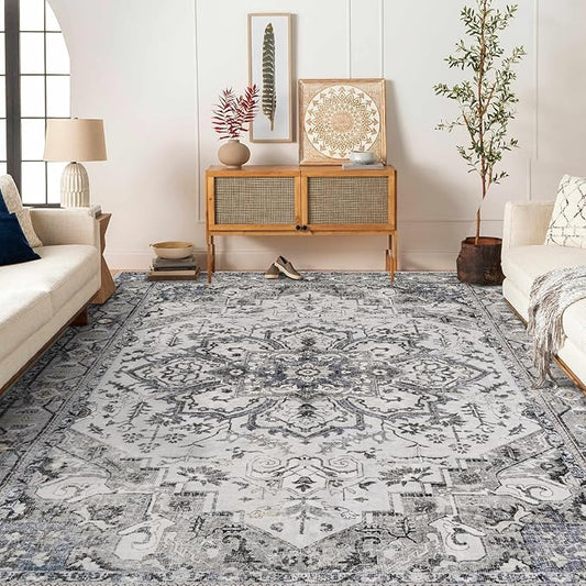 Washable Area Rug 8x10 - Living Room Farmhouse Vintage Oriental Rug Large Distressed Non-Slip Stain Resistant Carpet for Bedroom Dining Room Home Office (8x10 Grey/Blue)