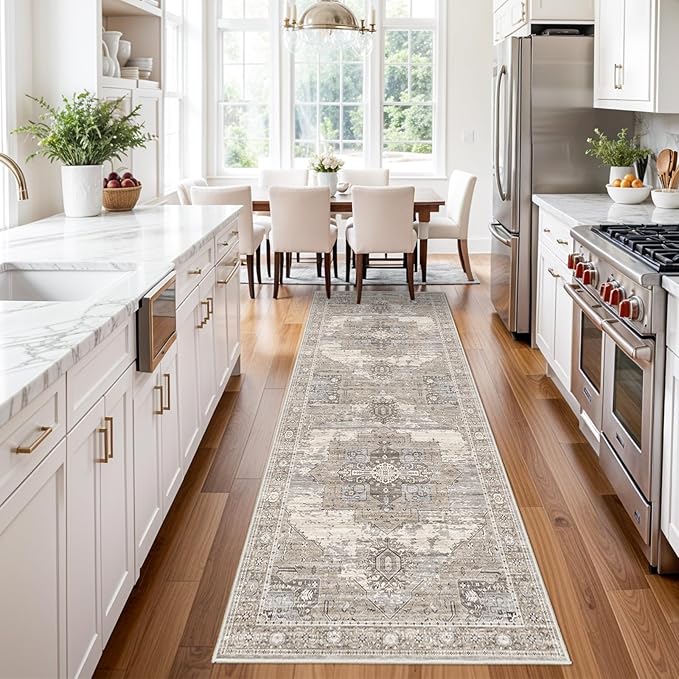 RUUGME Washable 3X8 Runner Rugs - Large Boho Rugs for Living Room Stain Resistant Carpet Vintage Tribal Rugs for Bedroom Kitchen Bathroom Non Slip Backing Home Decor Floor Decoration Mat 3x8 Beige