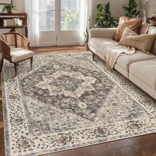 Washable Rug 4x6 Area Rug, Vintage Rug Indoor for Living Room, Non Slip Machine Washable Large Rugs, Soft Print Distressed Brown/Grey Farmhouse Carpet for Bedroom Dining Room Dorm Office