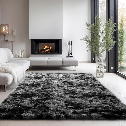 Zentavio Black and Grey Area Rugs for Living Room Large Men Room Carpet 8x10 Bedroom Fluffy Furry Shag Aesthetic Plush High Pile Floor Rug for Kids Room Dorm Home Decor Gray