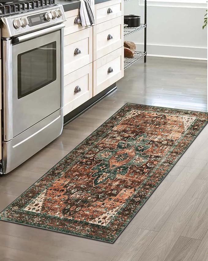 Moynesa Ultra-Thin Washable Rug - 2x4 Laundry Room Rug Non-Slip Kitchen Runner, Vintage Stain Resistant Non-Shedding Carpet for Bathroom, Living Room, Hallway, Brown