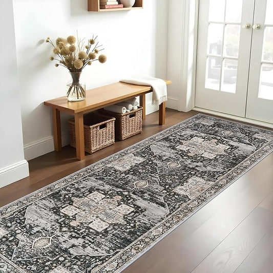 RUUGME Hallway 3x10 Runner Rug - Washable Rugs with Non Slip Backing Ultra Thin Stain Resistant Carpet for Kitchen Living Room Bedroom Vintage Tribal Rugs for Floor Decoration Mat 3x10 Black