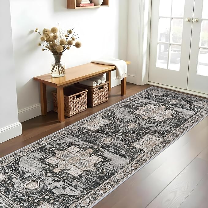 RUUGME Hallway 3x10 Runner Rug - Washable Rugs with Non Slip Backing Ultra Thin Stain Resistant Carpet for Kitchen Living Room Bedroom Vintage Tribal Rugs for Floor Decoration Mat 3x10 Black