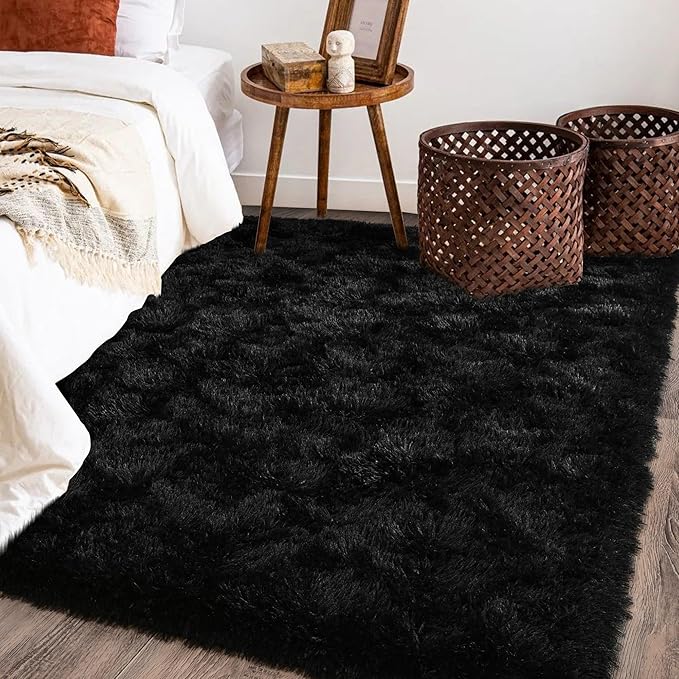 Black Rug for Bedroom, Soft Shaggy Modern Shag 4x6 Area Rugs for Living Room, Upgrade Non-Slip Plush Fluffy Carpet for Kids Boys Girls Room Dorm Home Decor Aesthetic