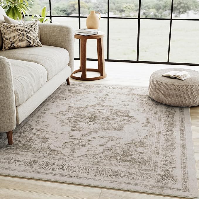 Area Rug 3x5 Washable Taupe Rug Vintage Boho Medallion Entryway Door Mat Entrance Distressed Retro Carpet Non Slip Low Pile Small Soft for Office Kitchen Bedroom Laundry Bathroom Hallway