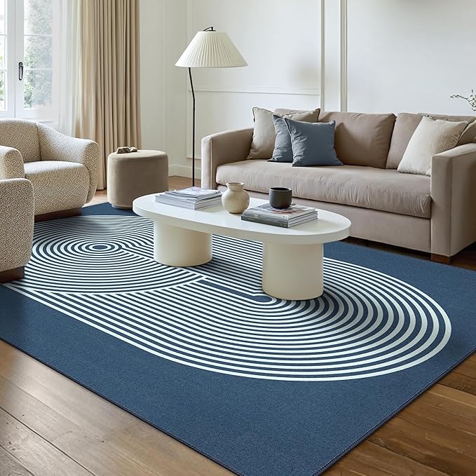Bavni Area Rugs 8x10, Modern Soft Bedroom Rug, Machine Washable Rug Non Slip, Abstract Low Pile Large Rugs for Living Room, Dining Room, Blue White Lines