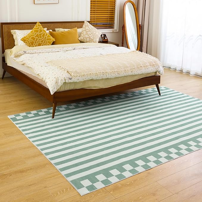 Carvapet Green Rugs for Living Room, Soft Striped Modern Boho Low Pile Large Carpet with Rubber Backing, Foldable, Non Slip Machine Washable (12 x 9 Feet Rectangular, Green Area Rug)