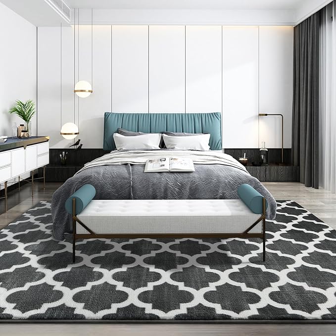 Large 6x9 Geometric Shag Modern Area Rug for Living Room Bedroom, Distressed Moroccan Fluffy Rug Indoor Carpets for Kids Nursery Bedside Room Decor, Memory Foam Shaggy Rugs, Dark Grey/White
