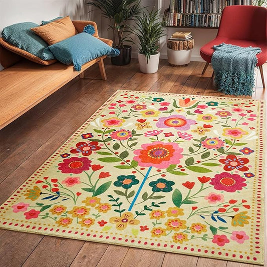 Washable Boho Floral Rugs Thin Pile, Cute Aesthetic Vintage Hippie Bedroom Rugs Colorful Rose Pink Bright Trendy Indie Dorm Carpet, Country Flowers 5x7 Area Rug for Dining Living Room Entryway Kitchen