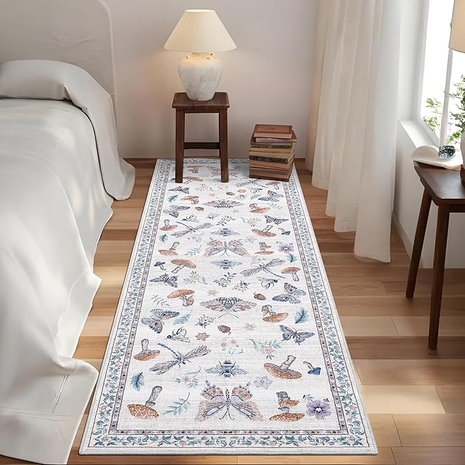 2.5x8 Runner Rug for Hallway Washable Kitchen Rugs Non Slip with Rubber Back Mushroom Soft Low-Pile Stain Resistant Foldable Indoor Carpet for Entryway Laundry Room Floor Mats Beige