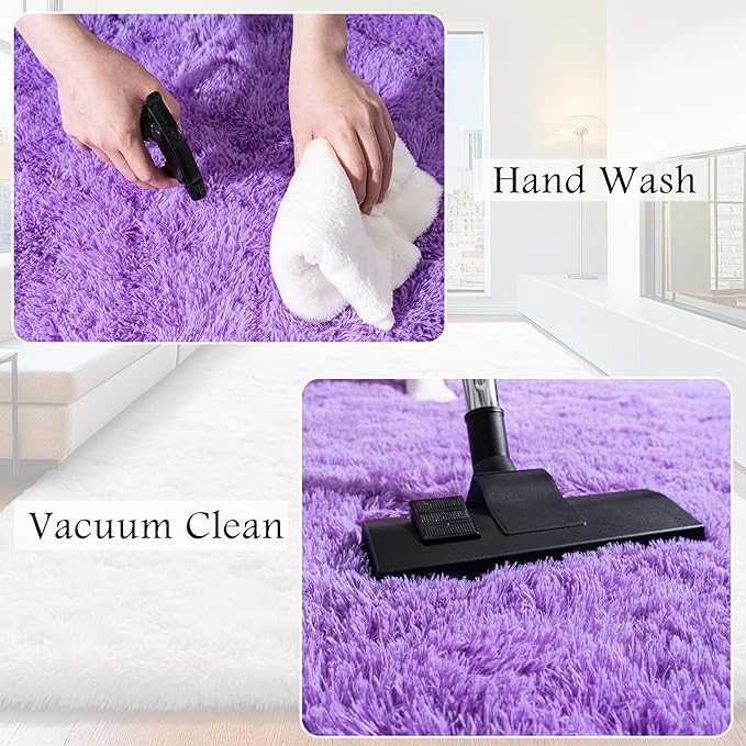 4x6 Area Rug for Bedroom, Purple Rugs for Living Room Nursery Kids Room Dorm Home Decor Aesthetic, Fluffy Shaggy Rug with 4 Anti-Slip Carpet Tapes