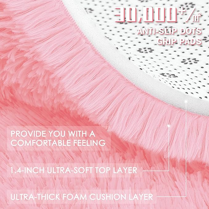 OLANLY Pink Round Rugs for Bedroom - Machine Washable, 2x2 Feet Circle Area Rugs for Living Room, Soft and Fluffy Shaggy Carpet for Teen Girls and Boys, Nursery Rooms, Dorms, Home Decor Aesthetic