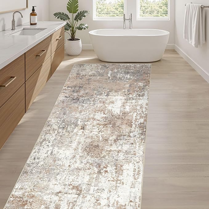Runner Rug Kitchen Washable Rugs: 3x10 Non-Slip Abstract Soft Modern Stain Resistant Indoor Floor Neutral Accent Throw Carpet for Hallway Bathroom Laundry Room Entryway Bedroom- Brown