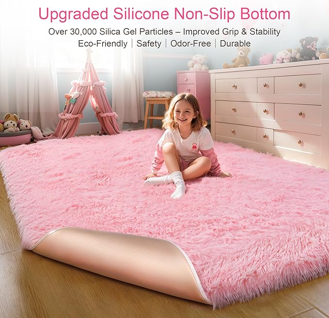 Thick Area Rug 5x7 Pink Fluffy Shag – Ultra Soft Plush Fuzzy Washable Thickened Non-Slip Fuzzy Carpet for Girls Bedroom Living Room, Modern Furry Shaggy Rug for Kids Nursery Boys Dorm Room