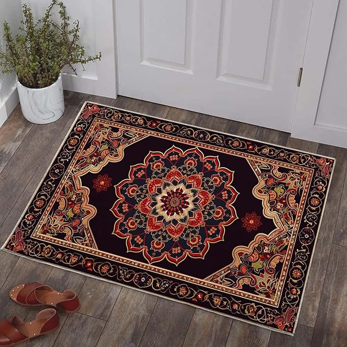 2x3 Entryway Rug Boho Black Red Vintage Oriental Area Rug Thin Small Carpet Bathroom Non Slip Indoor Entrance Low Pile Door Mat Kitchen Stain Resistant Washable Machine