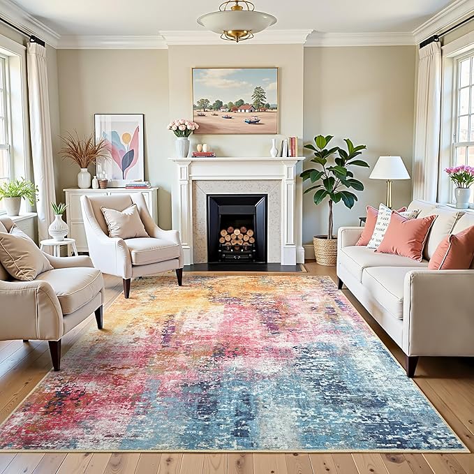 3x5 Colorful Washable Area Rug for Living Room Bedroom, Modern Abstract Non-Slip Rugs, Low Pile Soft Stain Resistant Carpet for Dining Room, Kitchen, Office, Dorm, Bedside Decor