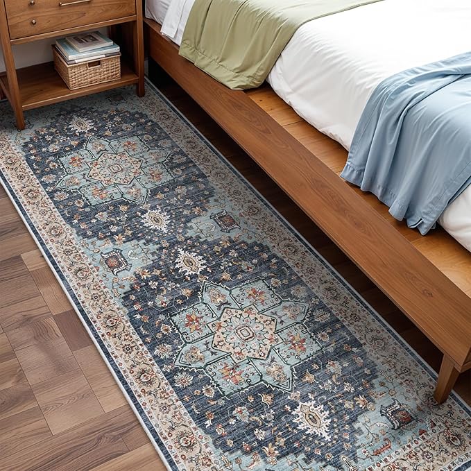 Washable Oriental Hallway Runner Rug - 3x8 Rugs for Living Room Soft Carpet for Bedroom Kitchen Waterproof Floral Distressed Indoor Stain Resistant Non-Shedding Floor Carpets (Blue/Teal/Orange, 3X8)