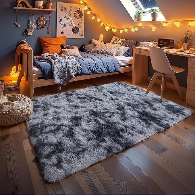 4x6 Dark Grey Fluffy Shag Rug for Bedroom, Soft Plush Fuzzy Washable Non Slip Floor Cozy Carpet for Living Room, Modern Comfy Furry Shaggy Area Rug for Kids Baby Nursery Dorm, Tie-Dye Gray