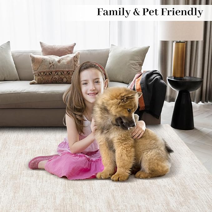 Washable Rug 10x13 for Living Room Modern Abstract Area Rug Non-Slip Large Contemporary Bedroom Rug Stain Resistant Aesthetic Accent Floor Carpet Foldable Solid Rug for Home Office, Beige
