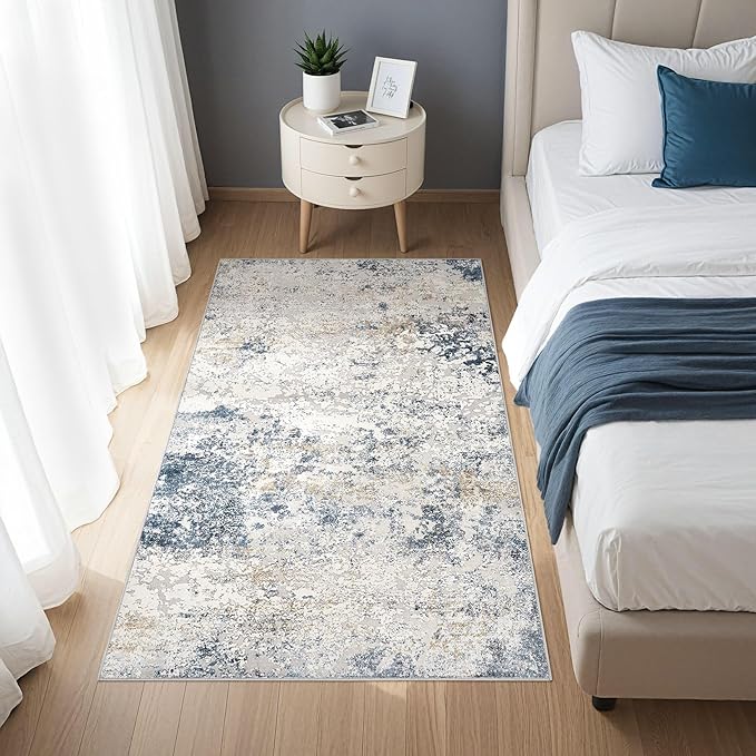 Washable Area Rug: 3x5 ft Abstract Small Rugs for Entryway Kitchen Living Room Bedroom - Non Slip Modern Neutral Carpet Indoor Front Door - Beige Blue
