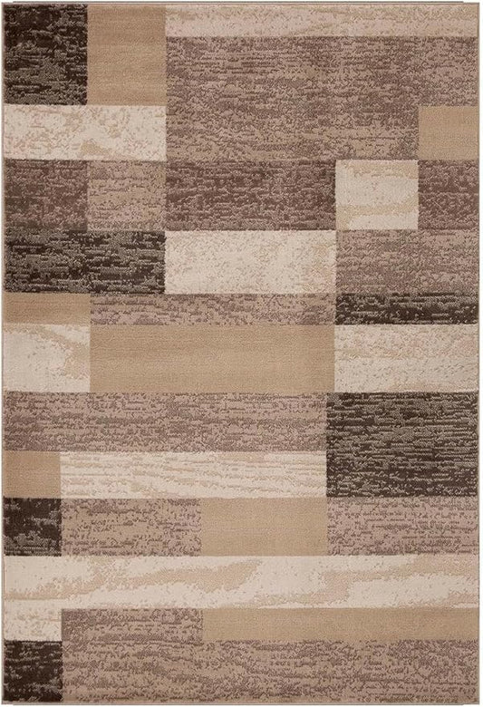Superior Indoor Area Rug, Jute Backed, Modern Geometric Patchwork Floor Decor for Bedroom, Office, Living Room, Entryway, Hardwood Floors, Rockwood Collection, 8' x 10', Beige