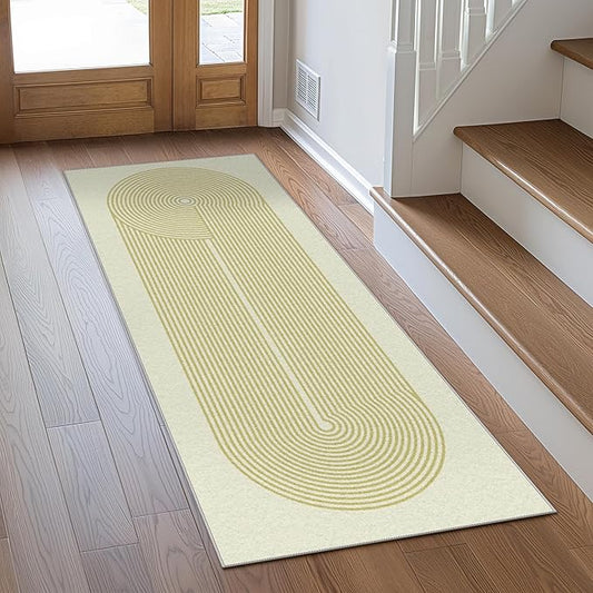 Bavni Hallway Runner, Machine Washable Runner Rug, Soft Modern 2x7 Rugs, Abstract Low Pile Lightweight Rugs for Bedroom, Hallways, Kitchen, Beige Yellow Lines