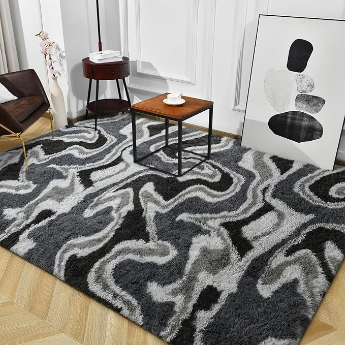 TWINNIS Super Soft Shaggy Rugs Fluffy Carpets, 5x8 Feet, Indoor Modern Plush Area Rugs for Living Room Bedroom Kids Room Nursery Home Decor, Upgrade Anti-Skid Rectangular Fuzzy Rug, Grey Black