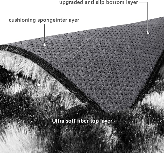 Black and White Rug for Living Room, 8x10 Fluffy Plush Area Rugs Anti-Skid Floor Carpets, Ultra Soft Modern Indoor Shag Rug for Bedroom Kids Room Nursery Dorm Home Decor Aesthetic