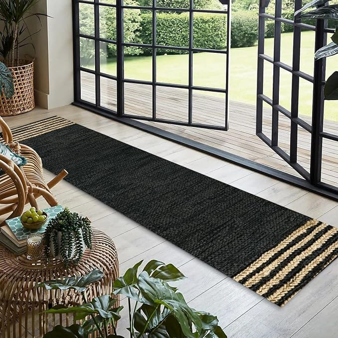 GRUHUM Jute Runner Rug 2'6"x 8' ft Natural Fibre Black Rectangular Jute Area Rug Leather Handwoven Boho Farmhouse Braided Rustic Vintage Eco Friendly Rug Kitchen Livingroom Bedroom Hallways Enterways
