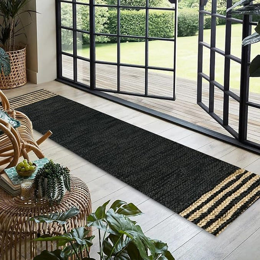 GRUHUM Jute Runner Rug 2'6"x 8' ft Natural Fibre Black Rectangular Jute Area Rug Leather Handwoven Boho Farmhouse Braided Rustic Vintage Eco Friendly Rug Kitchen Livingroom Bedroom Hallways Enterways