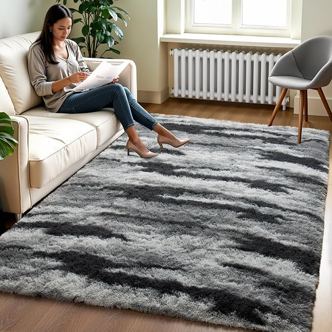 Zentavio Area Rugs for Living Room Rugs for Bedroom 4x6 Carpet Fluffy Fuzzy Soft Shag Aesthetic Plush High Pile Gray Throw Rug for Nursery Kids Room Dorm Waved Grey