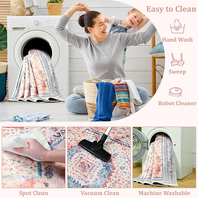 Maxsoft 6x9 Area Rug,Vintage Machine Washable Rugs for Living Room, Soft Non-Slip Low Pile Rug, Stain Resistant Rugs for Kitchen, Bedroom, Dining Room,Laundry Room,Nursery (Light Orange)