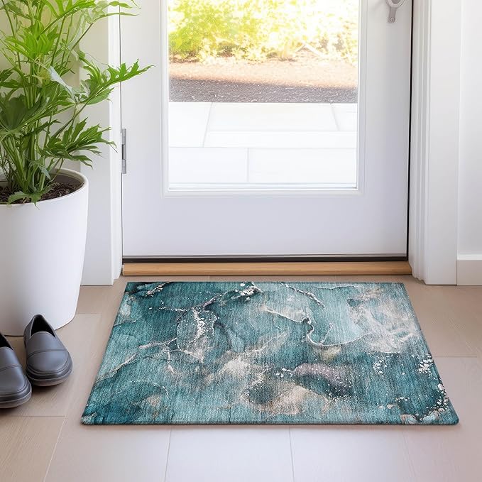 Addison Rugs Chantille ACN518 Teal 1'8" x 2'6 Indoor Outdoor Area Rug, Stain Resistant, Machine Washable, Non Shedding, Bedroom, Living Room, Dining Room, Kitchen Rug
