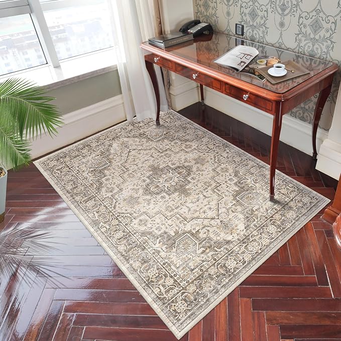Vintage Washable Area Rug - Brown Beige, 5x7, for Living Room, Bedroom, Dining Room