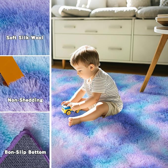 Purple Rainbow Fluffy Rug for Bedroom 8x10 ft Large - Ultra Soft & Non Slip Shaggy Area Rug, Comfy Durable Carpet for Living Room Kids Room Teens Dorm Home Decor, 1.7'' Thick Indoor Plush Carpets