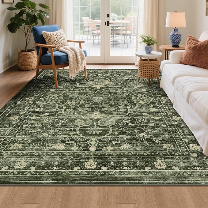 U'Artlines Boho Vintage Area Rug 5x7 Machine Washable Low Pile Soft Floor Carpet Non Slip Non Shedding Accent Rug for Living Room Bedroom Entryway Dining Room Office Dark Green