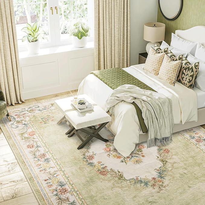 RYB HOME Washable Door Rug 2x3 for Enterway, Spring Floral Non Shedding Rug for Bedroom, Soft Faux Wool Non Slip Door Mat Runner for Kitchen Bathroom Laundry, 2x3 ft, Sage Green